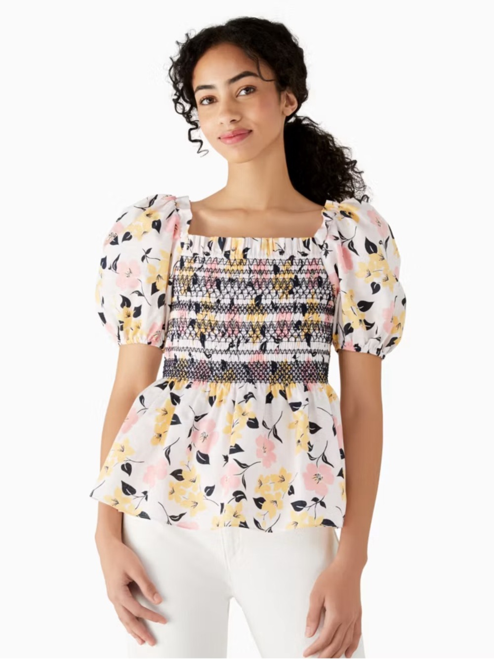 kate spade Lily Blooms Smocked Puff-Sleeve Cotton Floral Top